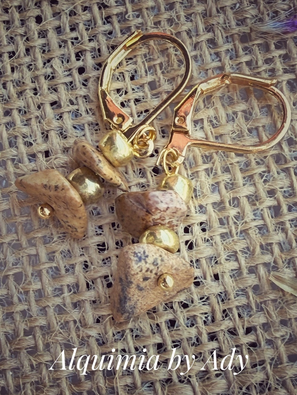 Gold and Beige picture jasper Stone Drop Earrings